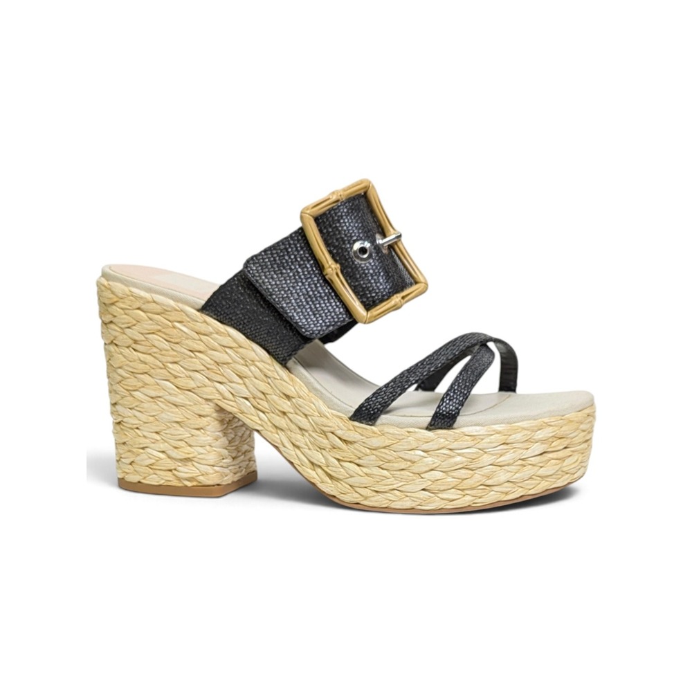 Dolce Vita Edwina Platform Black Raffia Woven Block Heel Bamboo Buckle Mules 9
